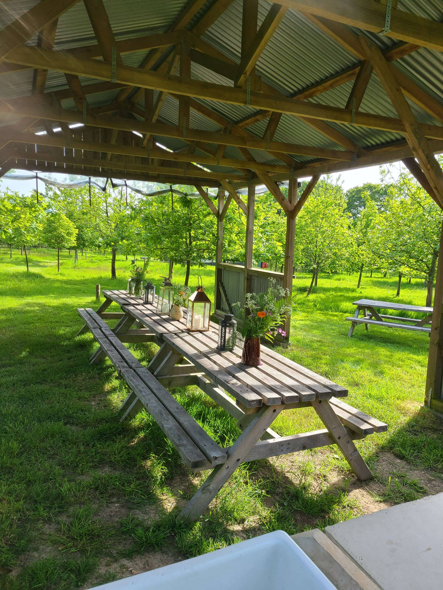 The outdoor group eating area set up for a party